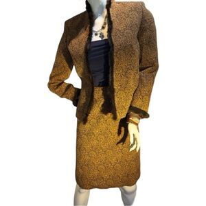Kasper 2pc Elegant Brown, Gold & Black Skirt Suit Jacket w/Fur Trim Size 4